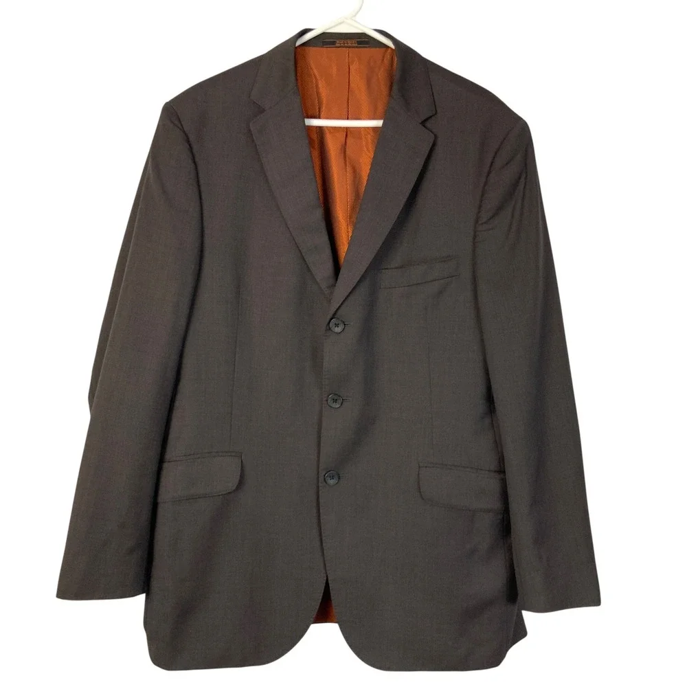 Ben Sherman Brown Wool Blazer 44R 3-Button Notch Lapel Long Sleeve Orange Lining